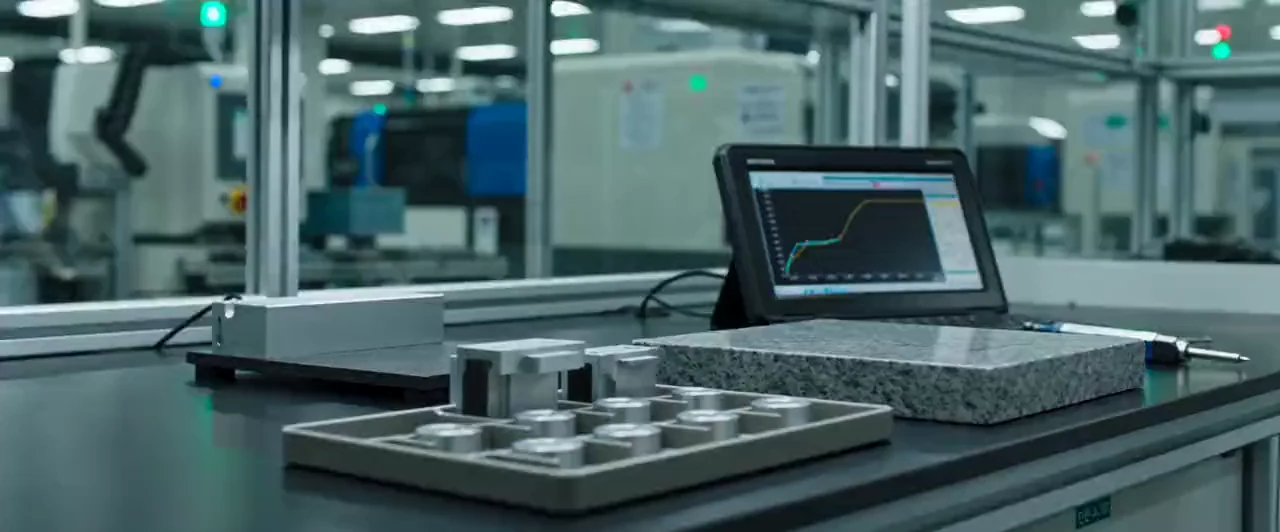 A machined part is measured with a digital height gauge on a surface plate, a control chart on the monitor beside it